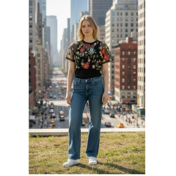 SHEER EBROIDERED FLORAL CROP TOP BLACK MEDIUM TULLE TEE T-SHIRT - Picture 3 of 6